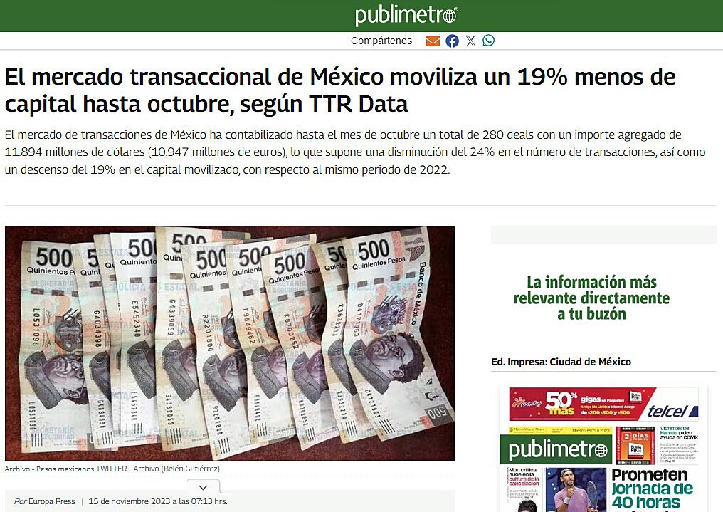 El mercado transaccional de Mxico moviliza un 19% menos de capital hasta octubre, segn TTR Data
